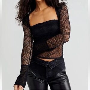 Free People My Party Top Lace Lace Square Neck Fitted Feminine  Long Sleeve